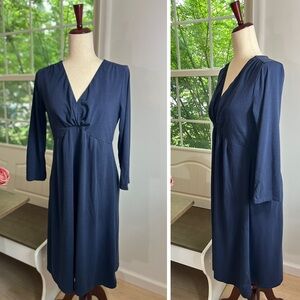 Garnet Hill Crossover Wrap Front Midi Length Navy Blue Stretchy Cotton Dress